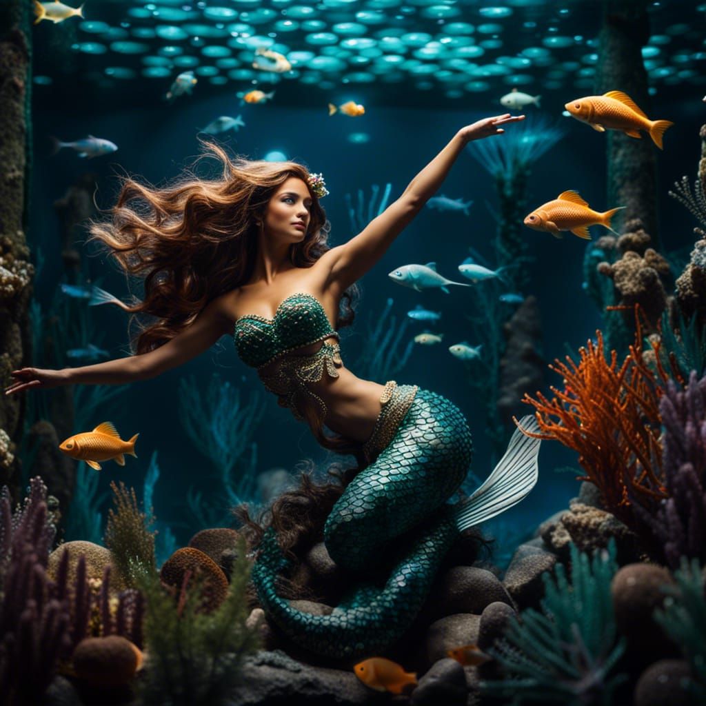 Photorealistic Mermaid Dancing in Ocean Diorama