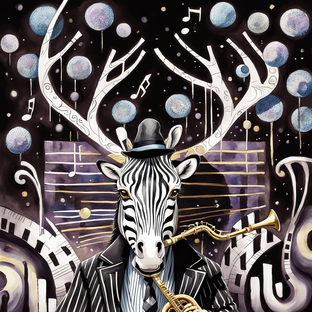 Surreal Jazz Zebra in Zoot Suit, Watercolor Art