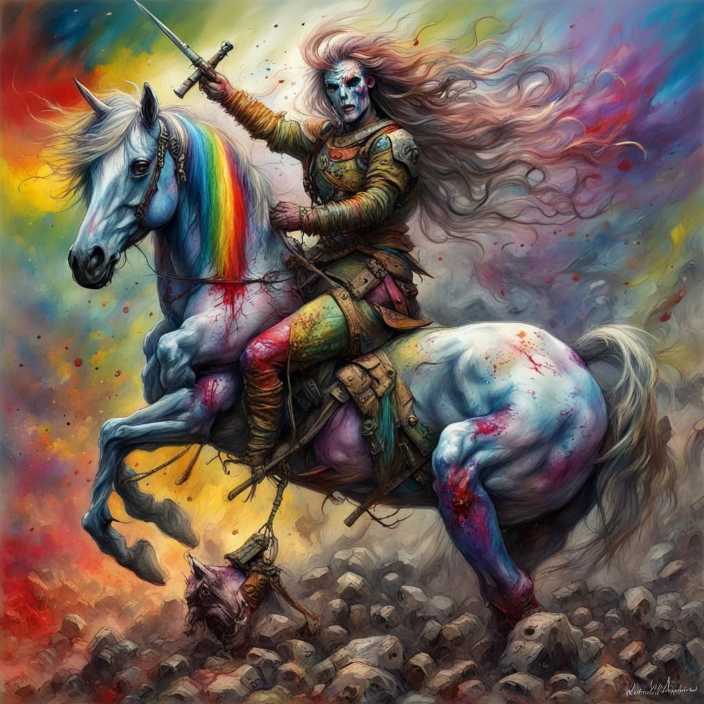 Rainbow Bright on Unicorn in Battlefield, Oil Painting