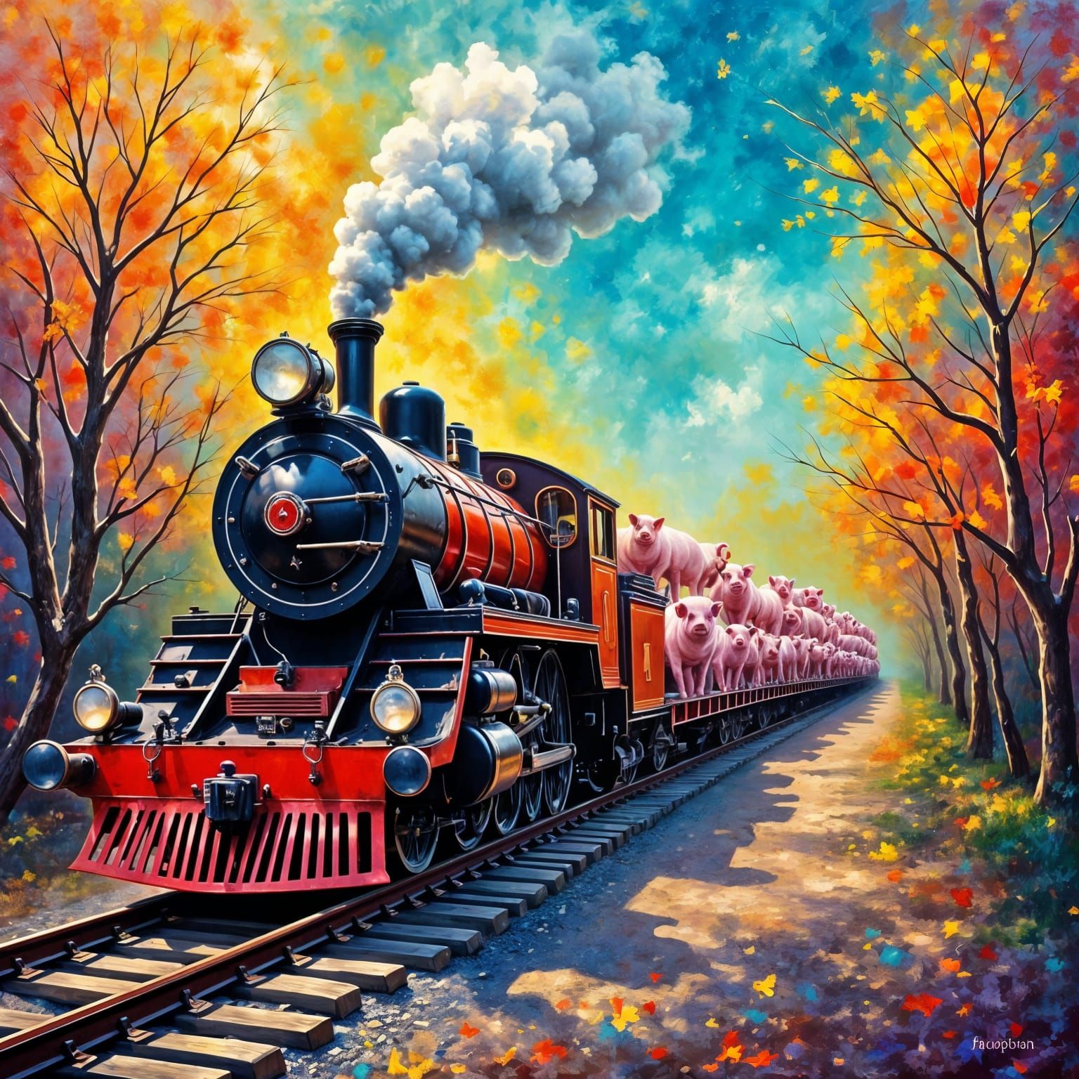 Neo-Expressionist Oil Painting of Steam Engine Pulling Pigs
