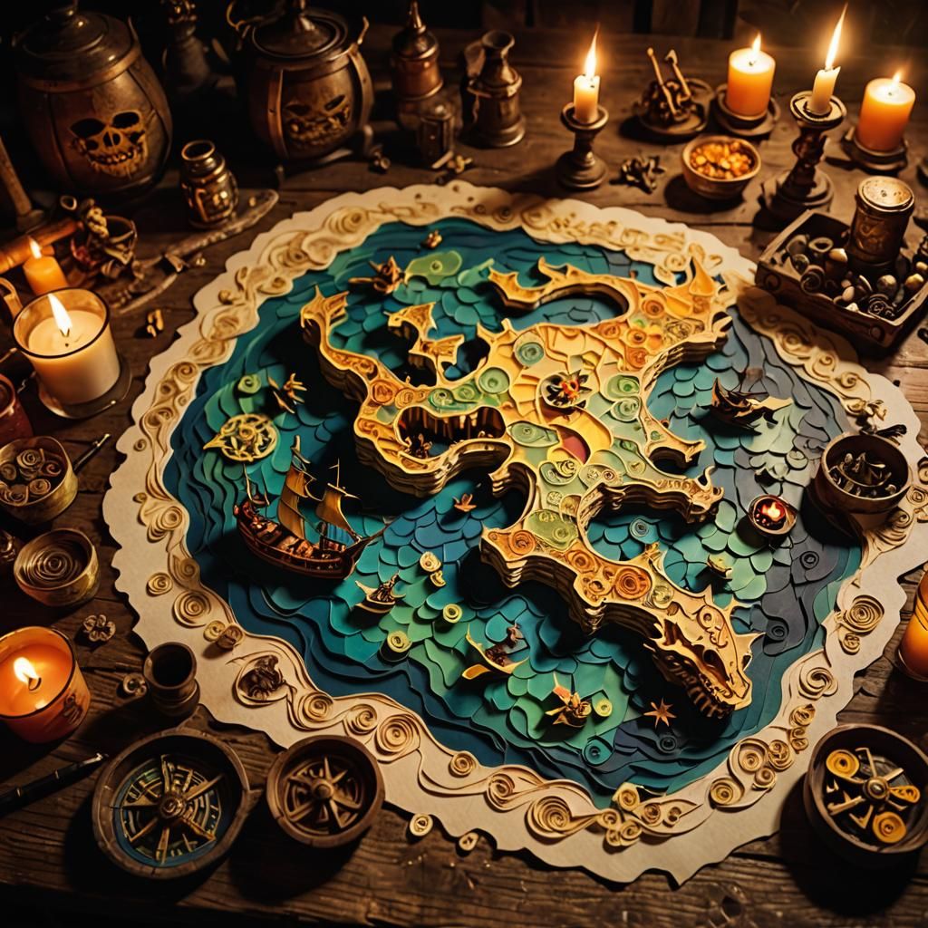 Pirates and Dragon Map in Neo-Primitivism Paper Art