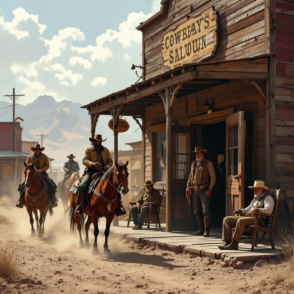 Old West Ghost Town Scene with Cowboys and Sheriff