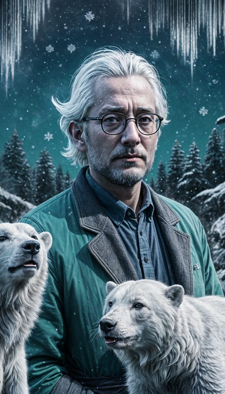 Ancient Man in Winter Landscape of Polar Bears Watching Eldr...