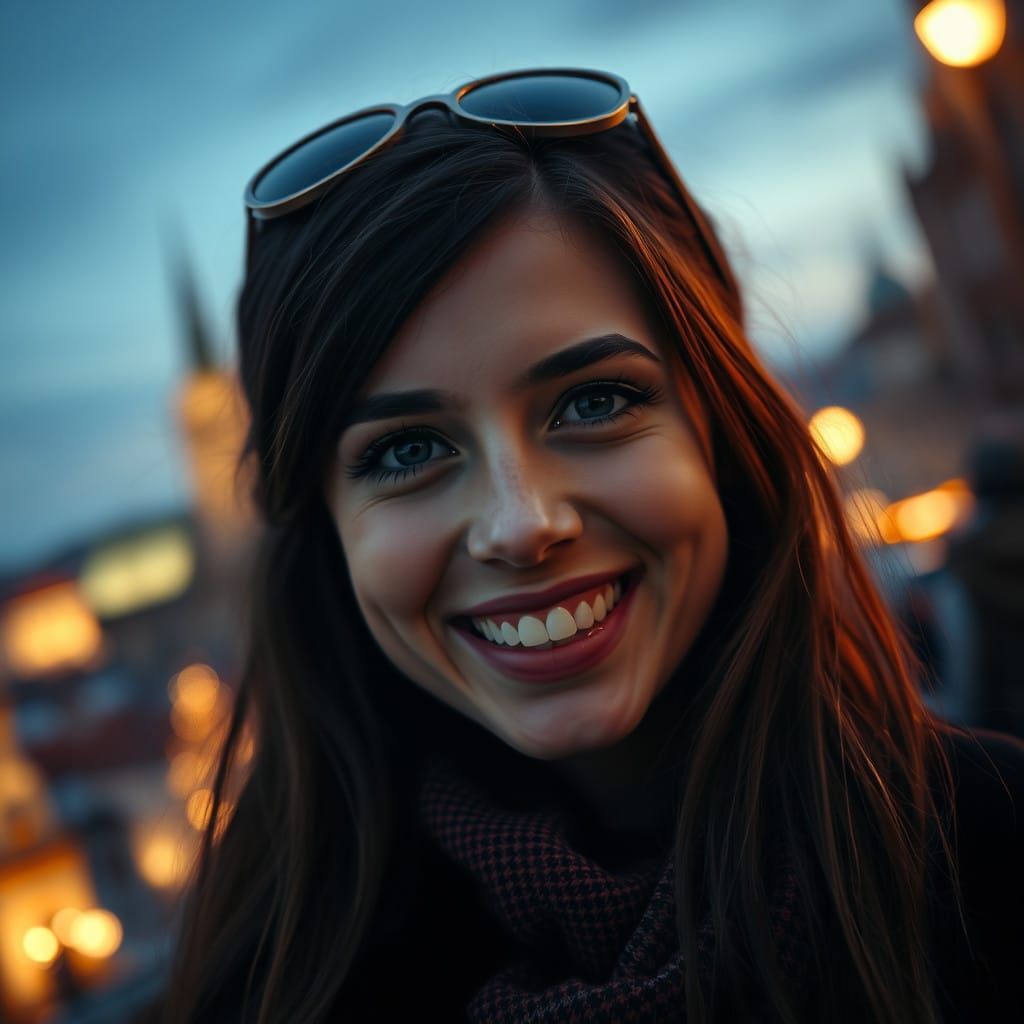 Smiling Woman in Prague's Vibrant Dusk