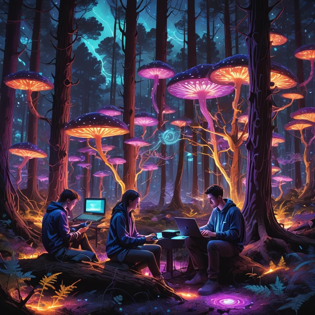 Neon Fractal: Forest Connection in Cyberpunk Style