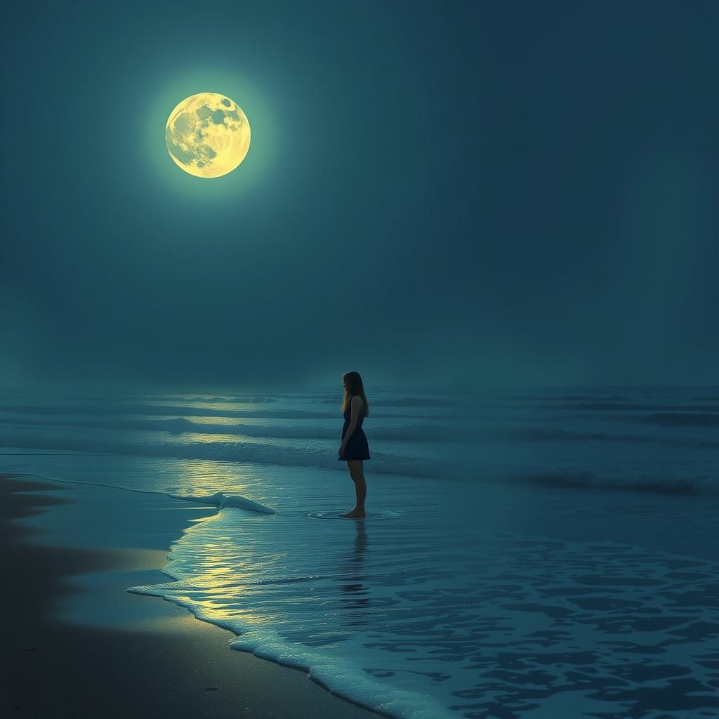 Ethereal Moonlit Contemplation in a Cyberpunk Aesthetic