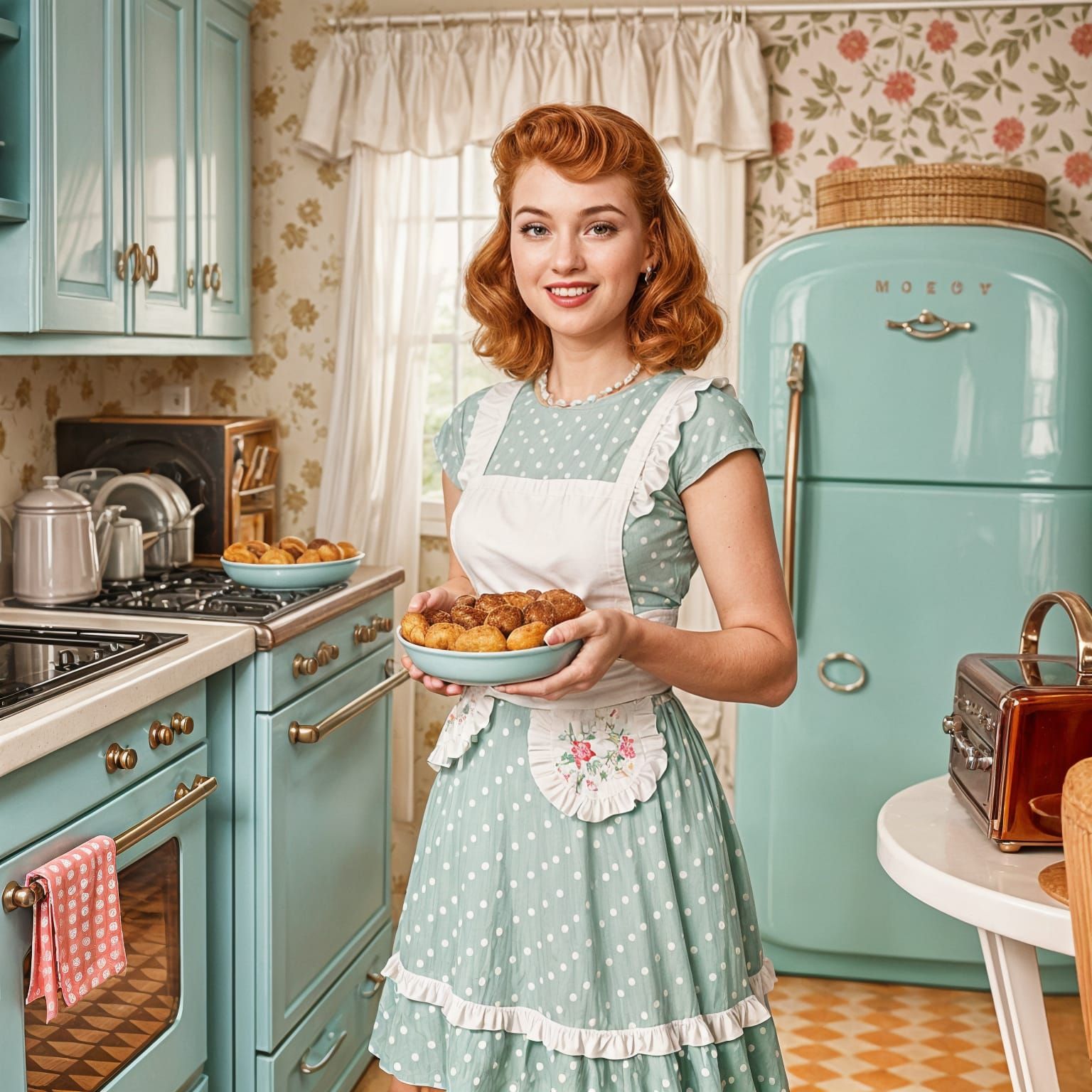 Redhead Housewife Baking Pie in 1950s Kitchen