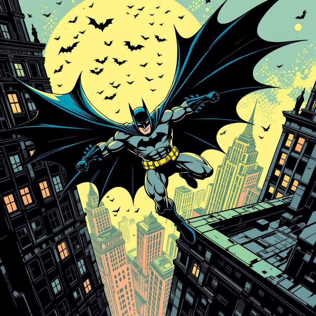 Batman Acrobatics on Gothic Skyscraper Retro Comic Art