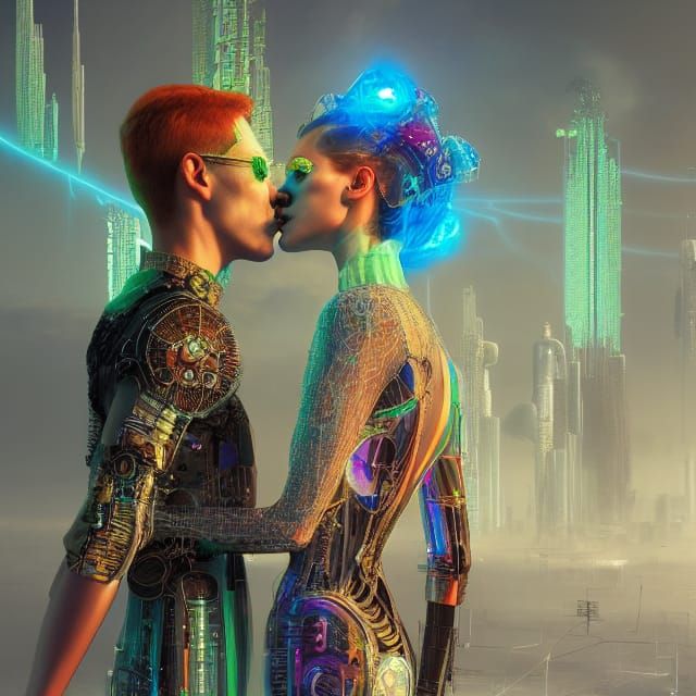 Cyberpunk Couple Kissing with Rainbow Marble Accents