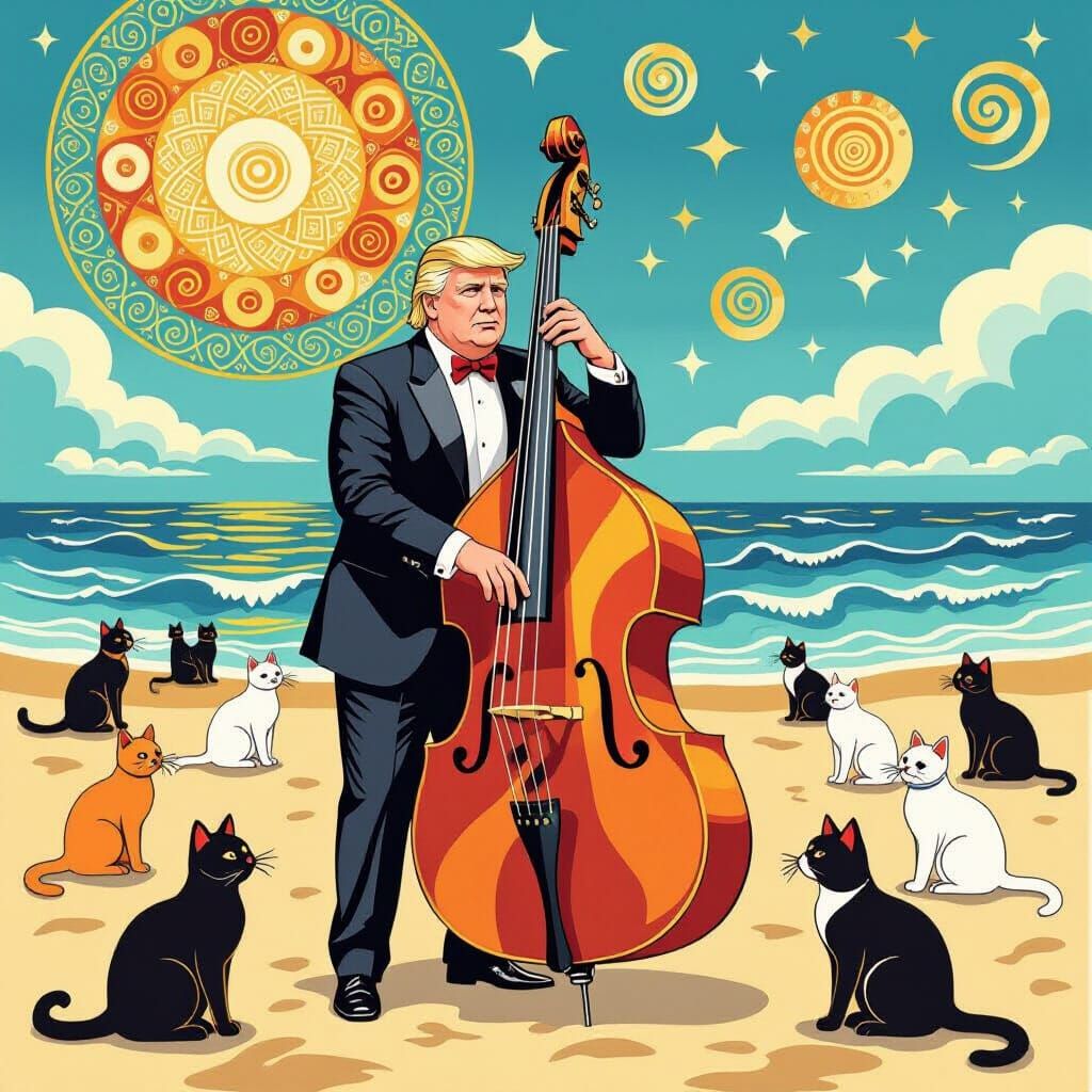 Trump's Beach Party: Cats, Bass, Klimt Gold and Pastel