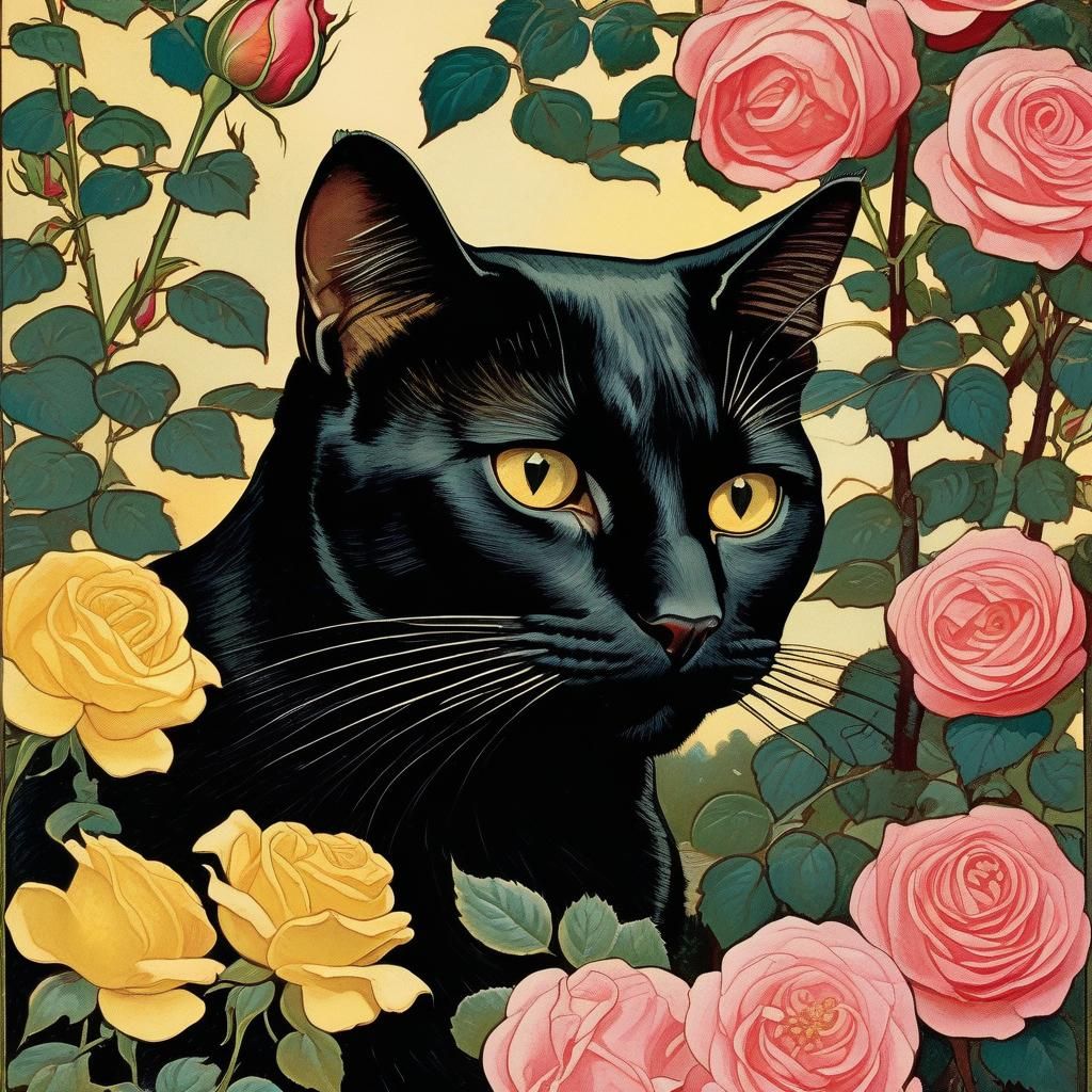 Black Cat in Rose Garden, Golden Age Illustration