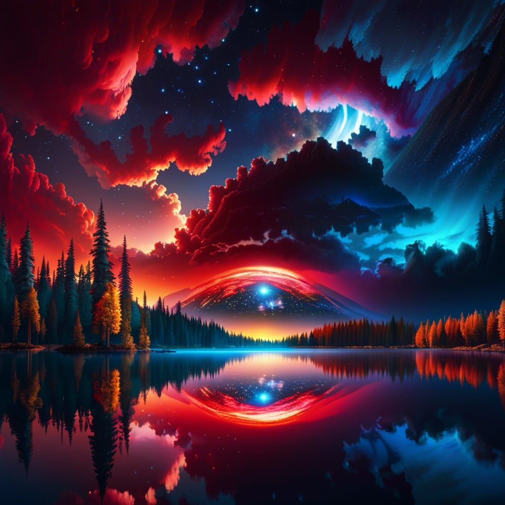 Galactic Reflections: Lake Under Aurora Skies