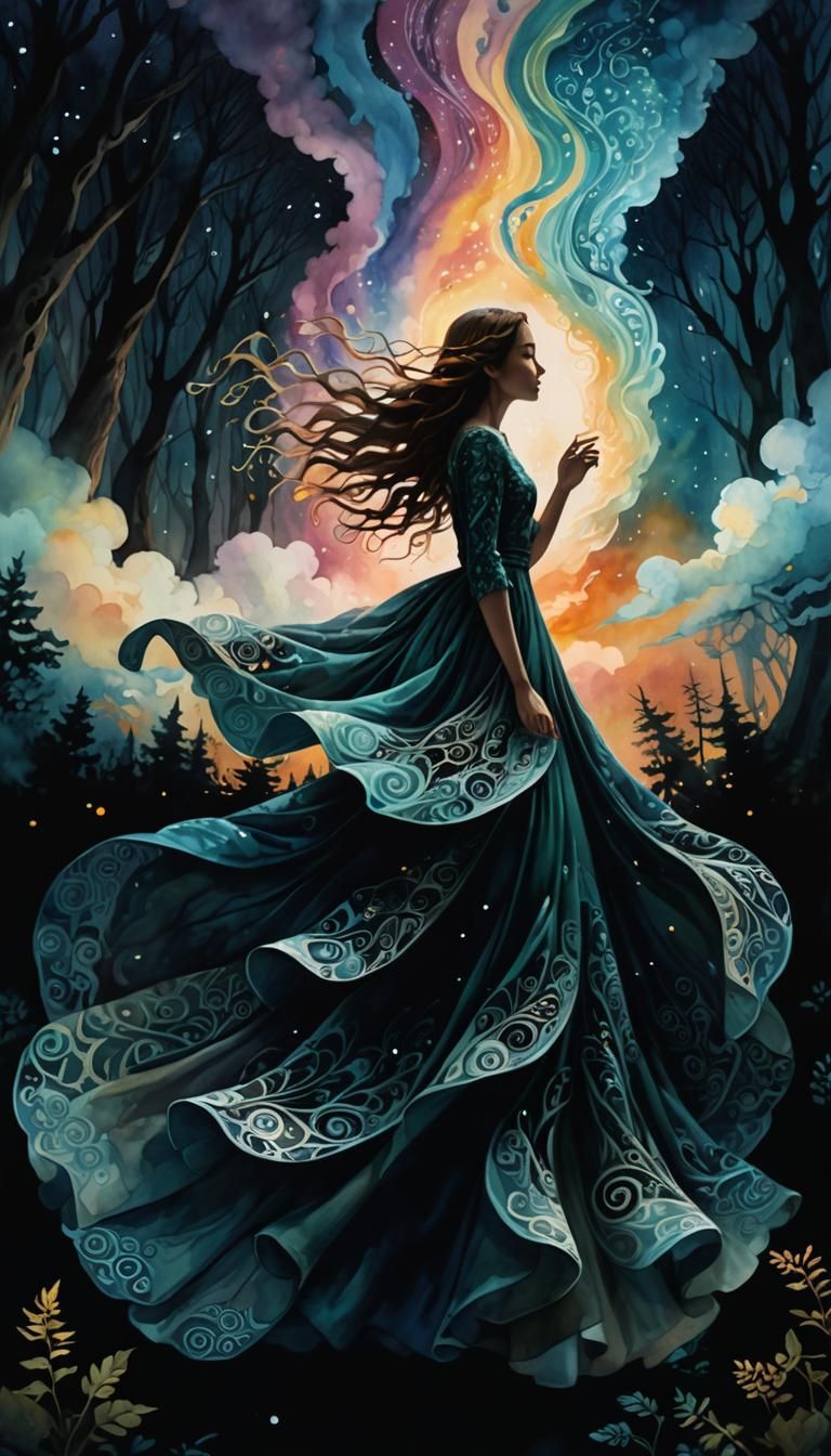 Surreal Dreamscape of Floating Woman in Moonlit Forest