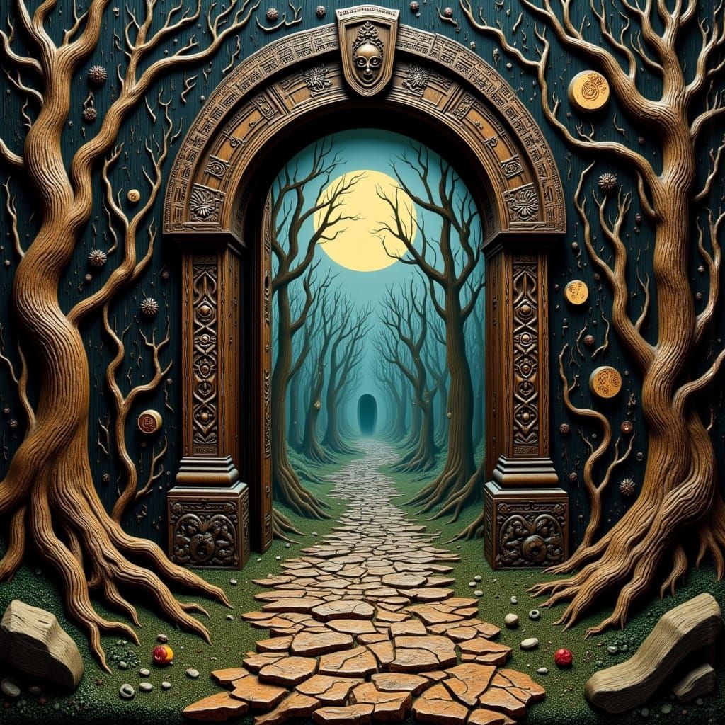Dark Wood Portal to a Magic Realm in Whimsical Style
