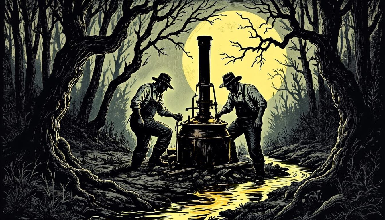 Outlaw Moonshiners in Dark Woods Woodcut Style