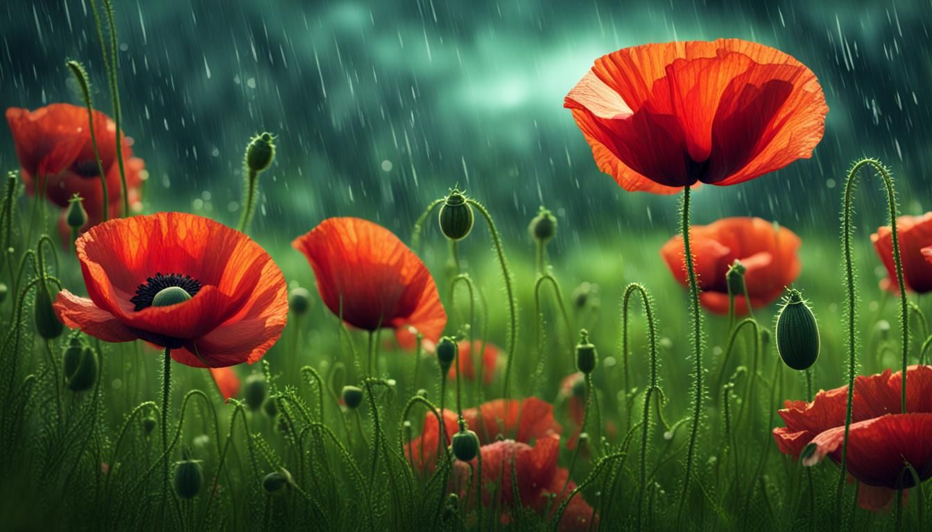 Poppies in a field of green grass, in rain with special effe...
