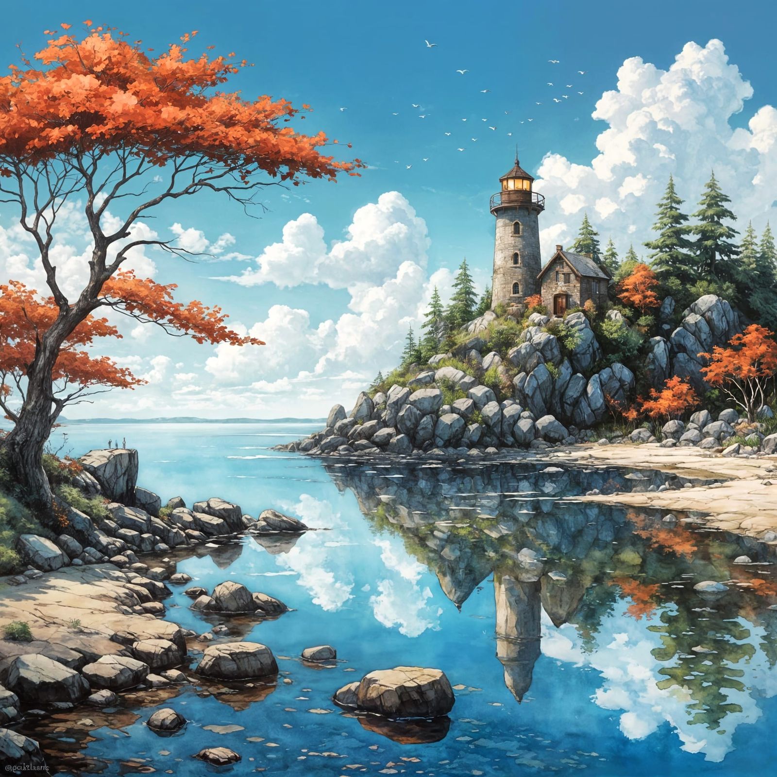 Whimsical Lighthouse in Dreamy Landscape