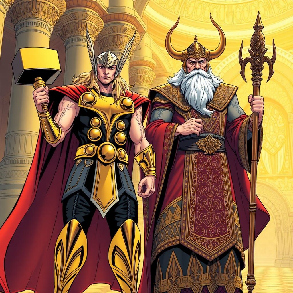 Thor and Odin in Asgard: Comic Book Art