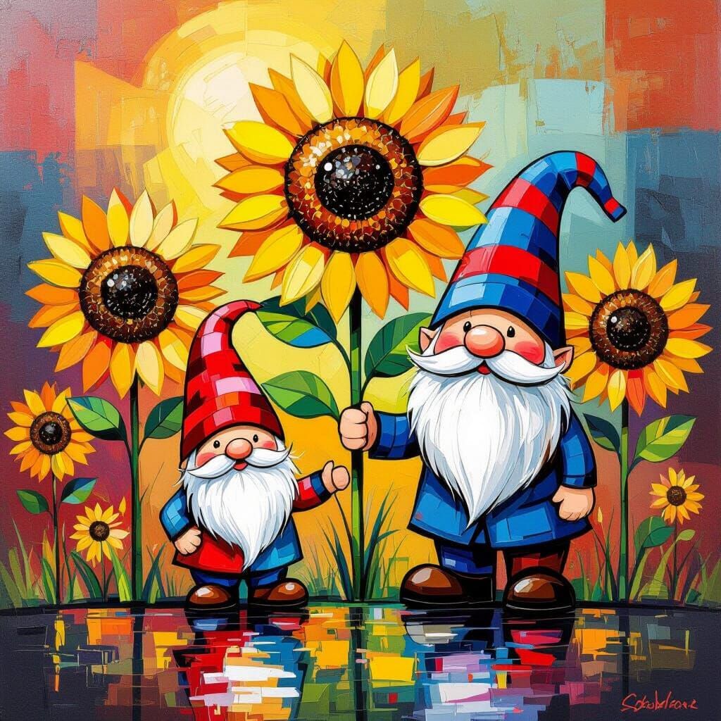 Whimsical Garden Scene in Colorful Ink Painting Style