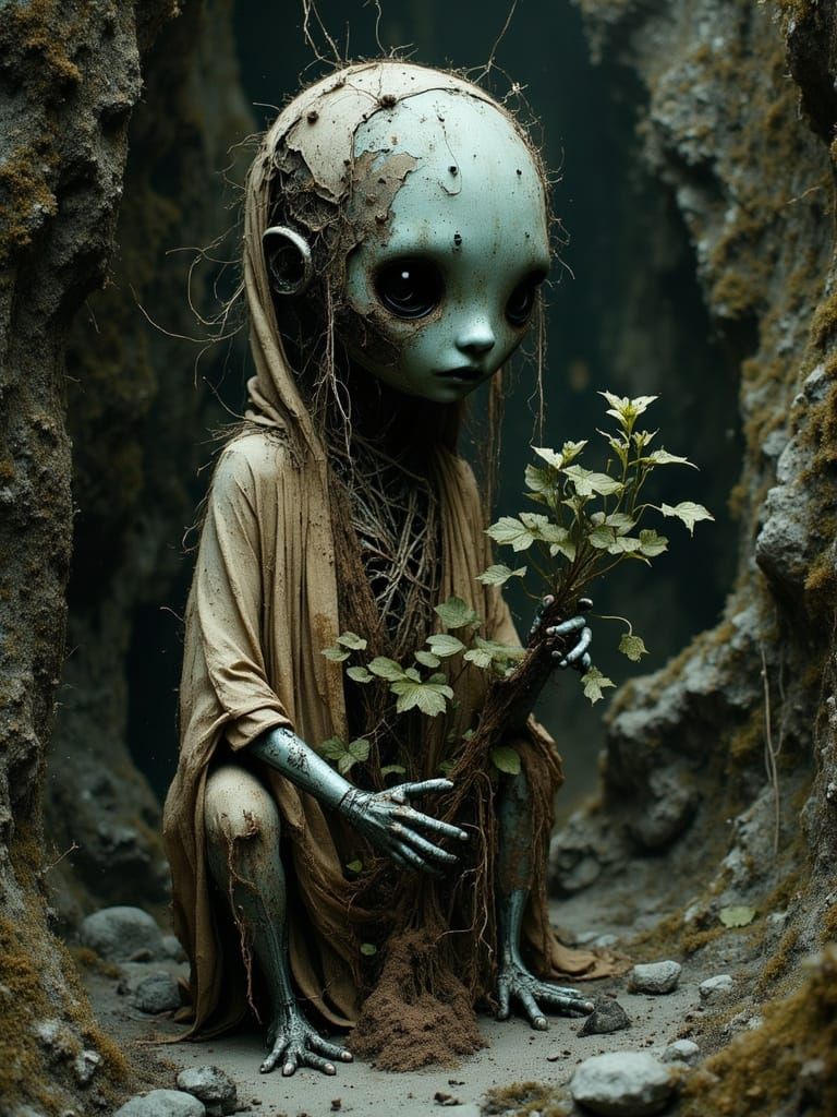 Ancient Robot Nurturing Bioluminescent Plant in Cavern