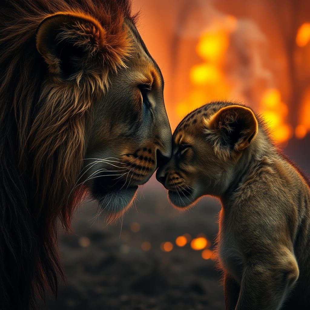 Lions Comforting Each Other Amidst Forest Fire