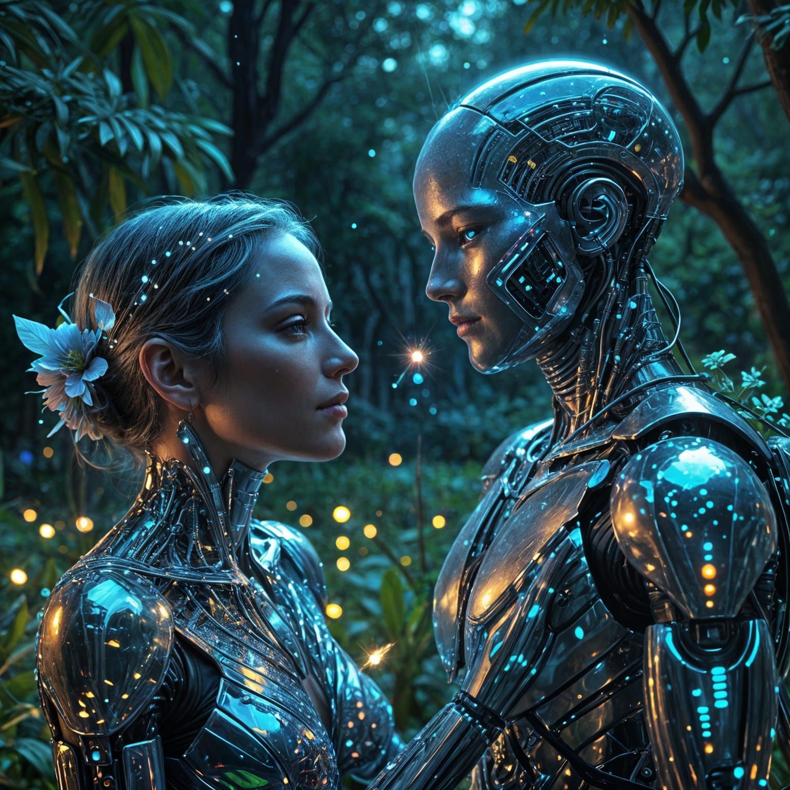 Robot Offers Bioluminescent Flowers to Woman at Twilight