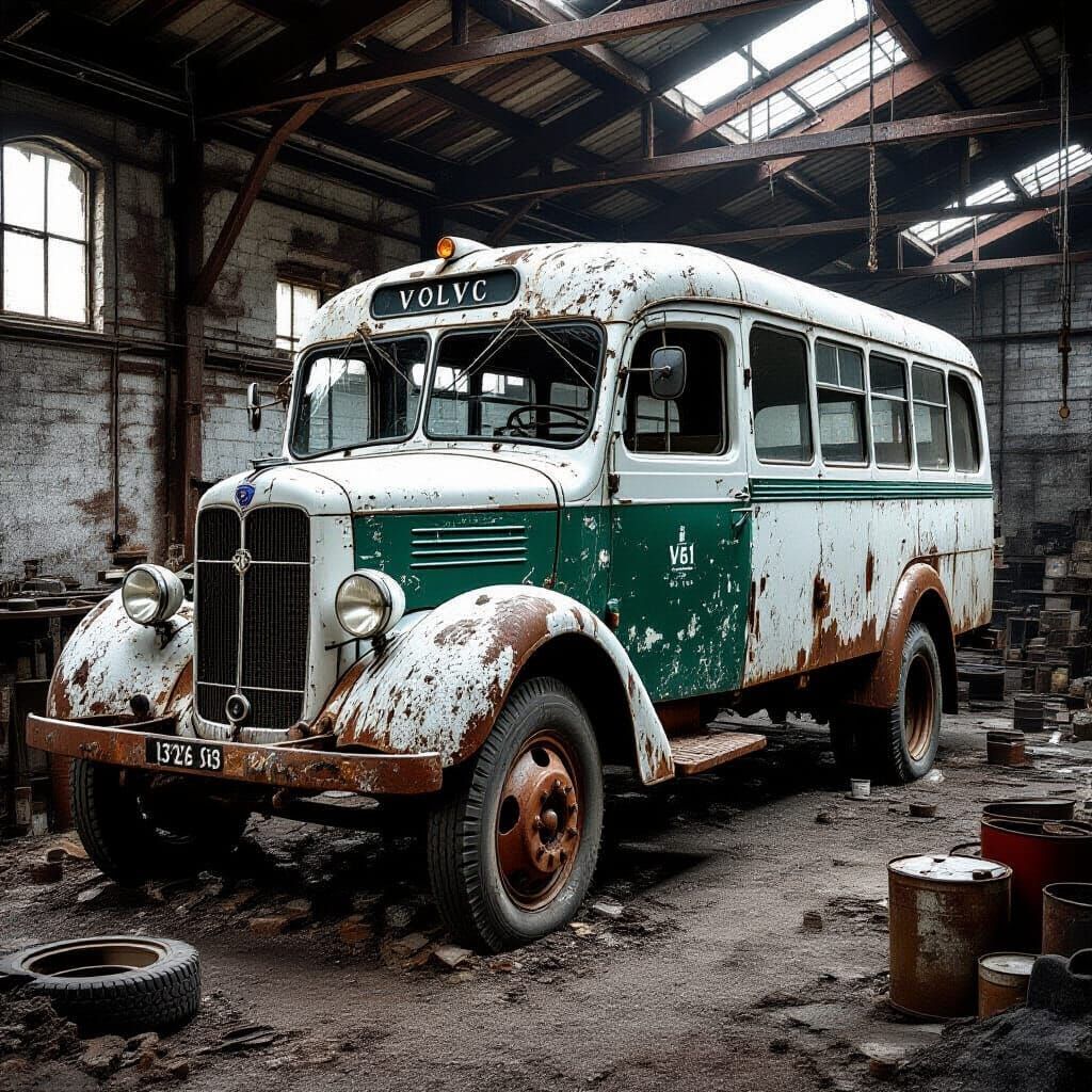 Abandoned 1930s Volvo Bus in Rusty Workshop