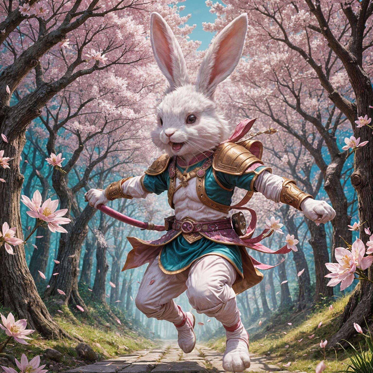 Anime Rabbit Warrior Leaping Through Cherry Blossom Forest