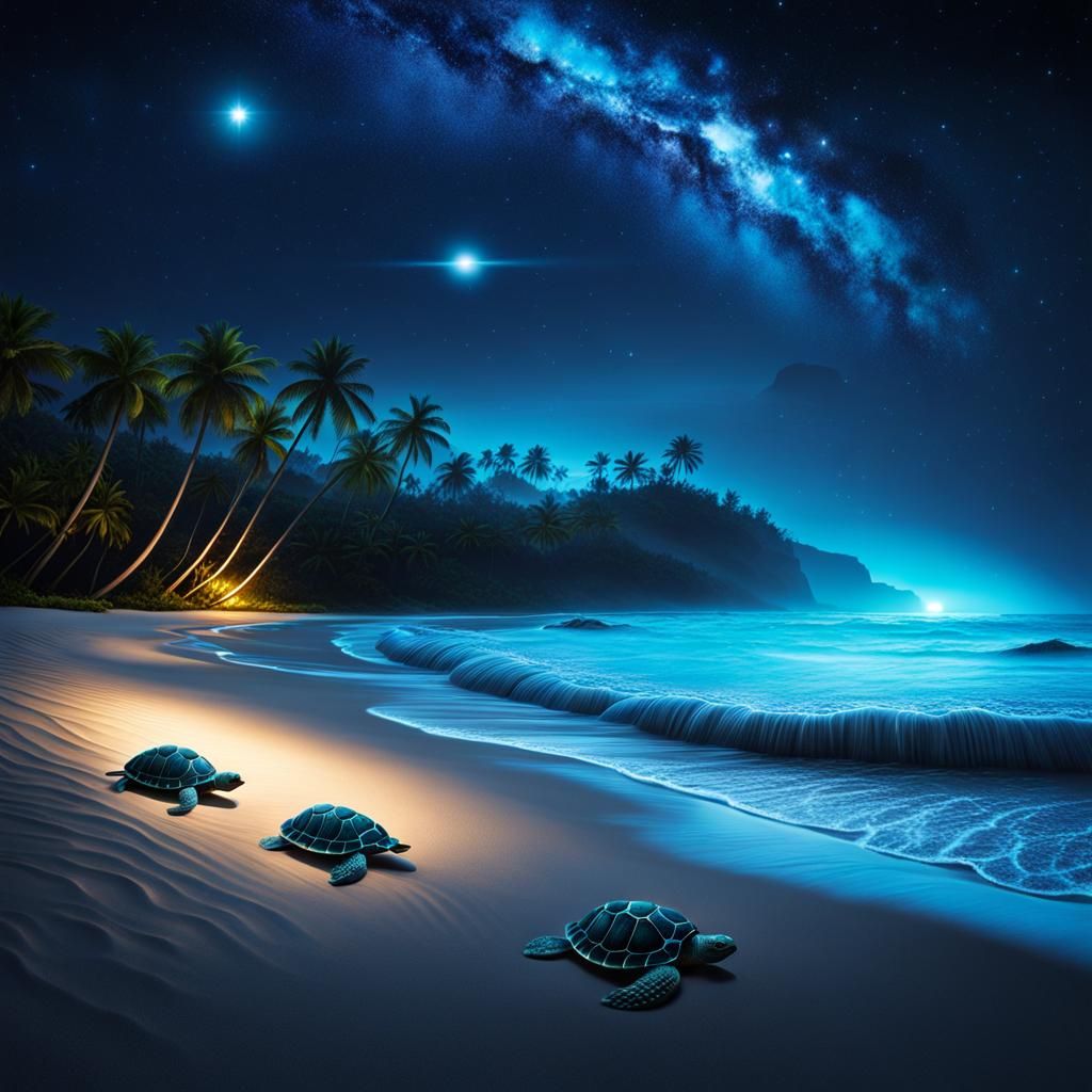Bioluminescent Waves and Turtles Under Starry Sky