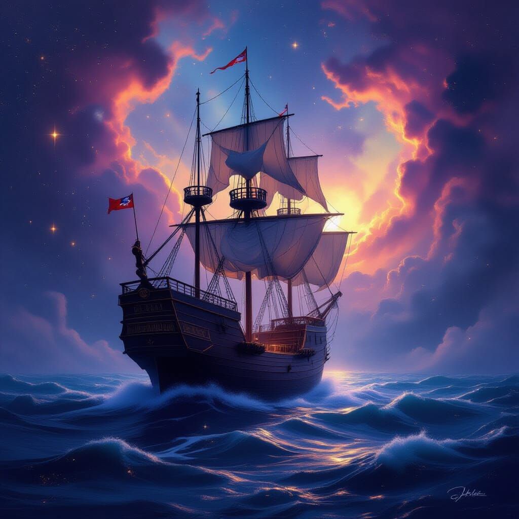 Majestic Galleon Navigates Cosmic Nebula in Digital Painting...