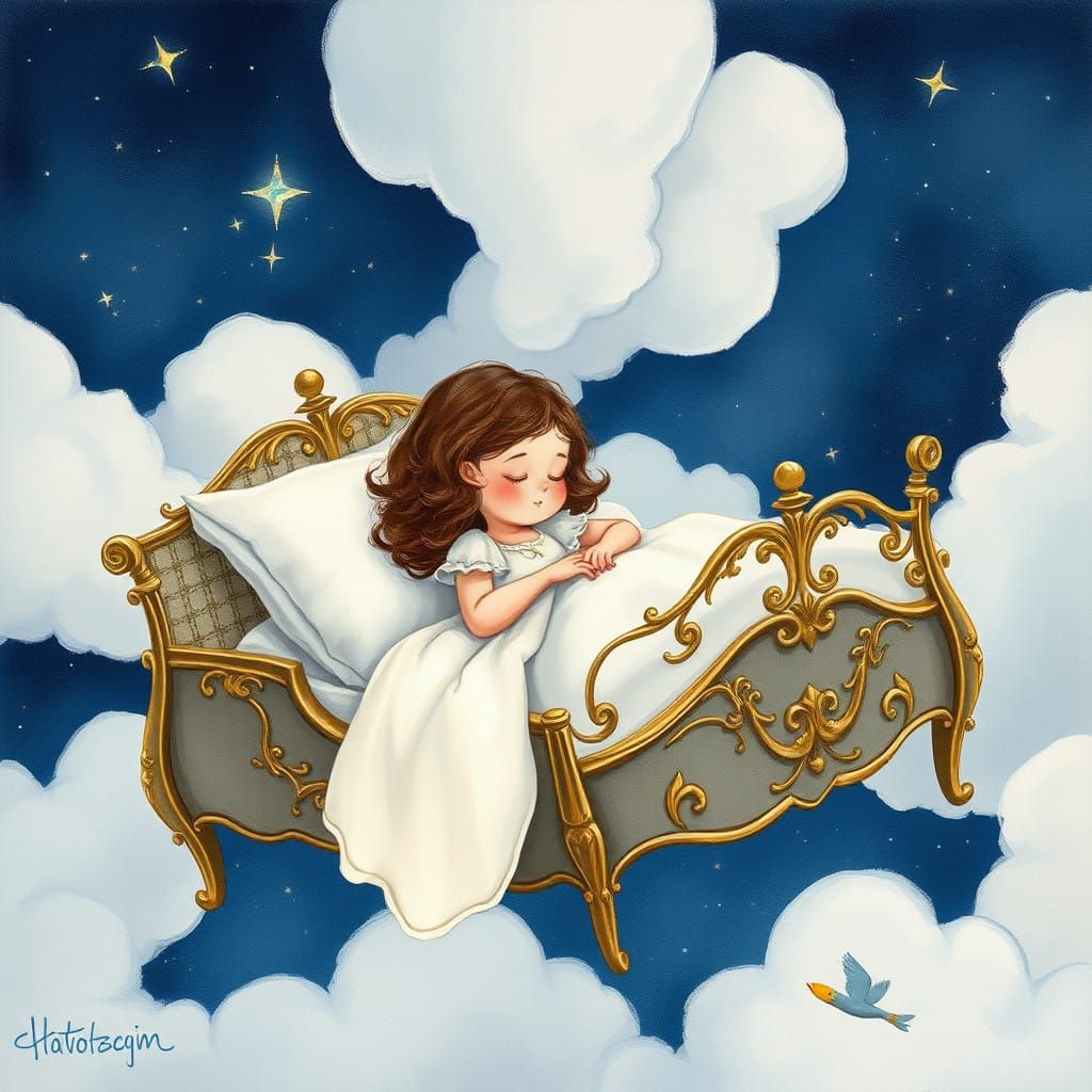 Whimsical Watercolor Illustration of a Flying Bed and Sleepi...