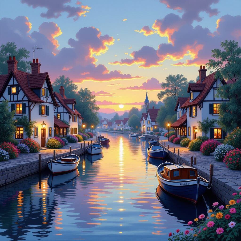 Enchanting Riverside Village at Sunset, Whimsical Fantasy Ar...