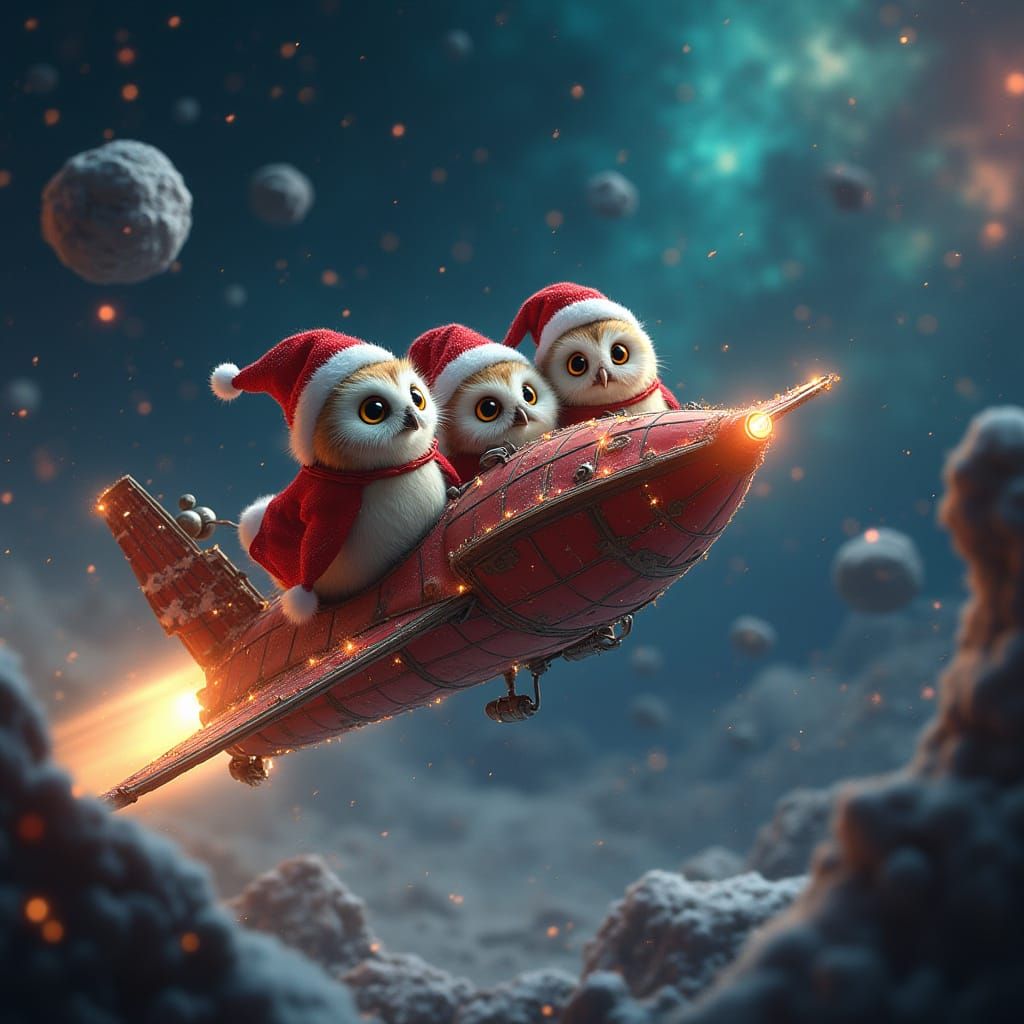 Owls in Christmas Spaceship: Sci-Fi Holiday Scene
