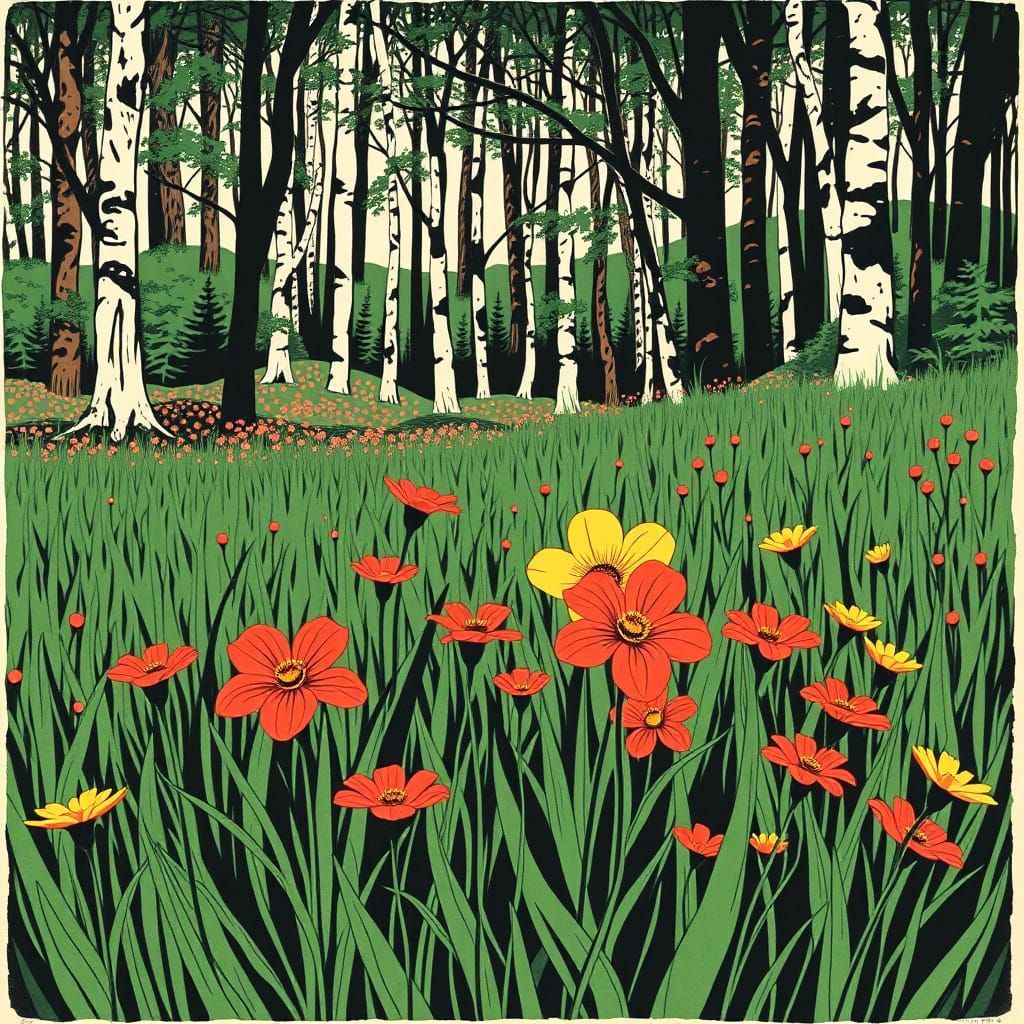 Lush Spring Blooms in a Cubist-Inspired Woodcut Landscape