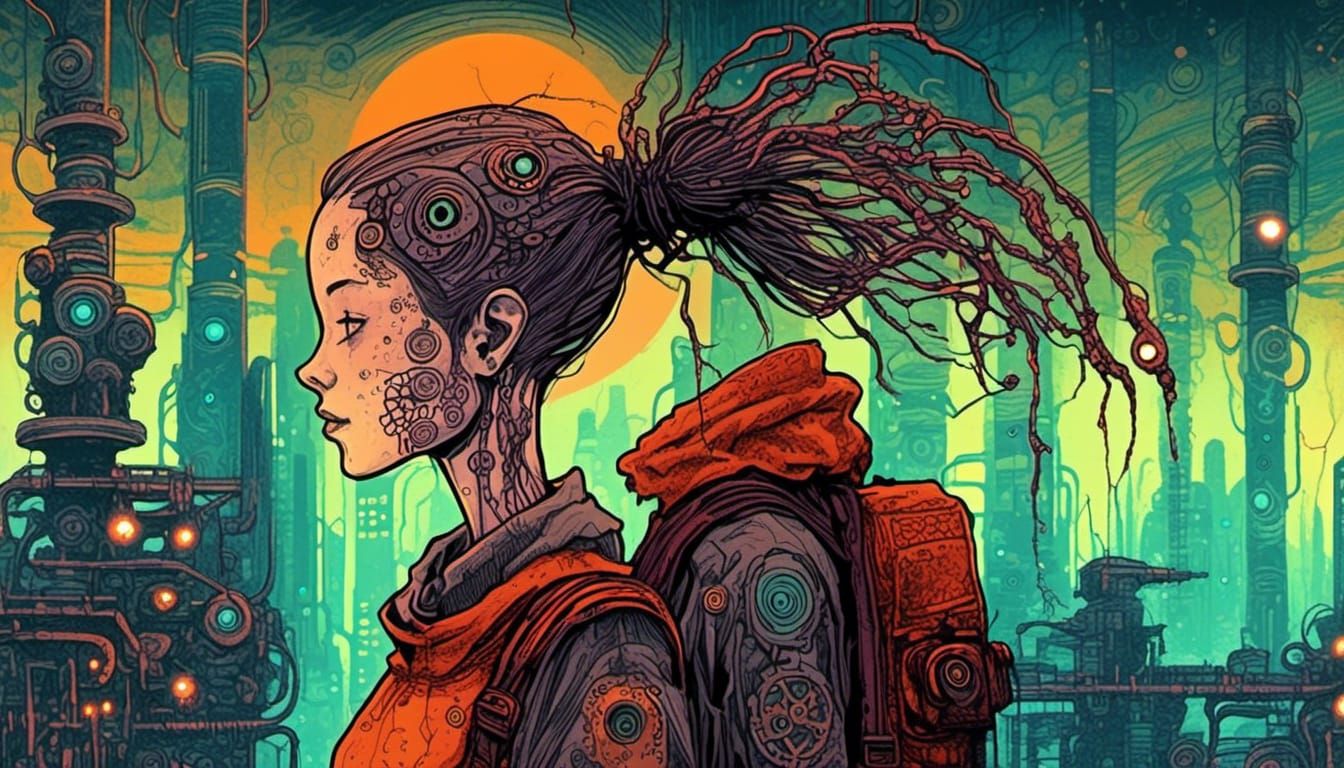 Biomechanical Girl in Dystopian Cyberpunk Wasteland