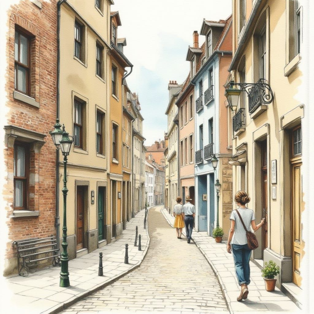 Surreal Watercolor and Ink European Street Scene in Soft Pas...