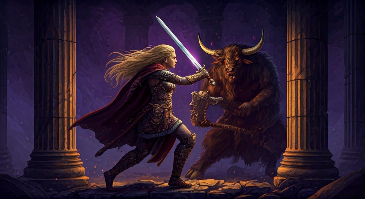 Viking Warrior Woman Confronts Minotaur in Dark Fantasy Batt...