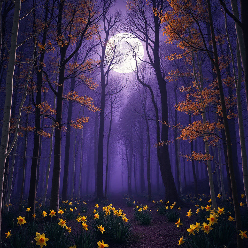 Mystical Moonlit Forest with Golden Daffodils