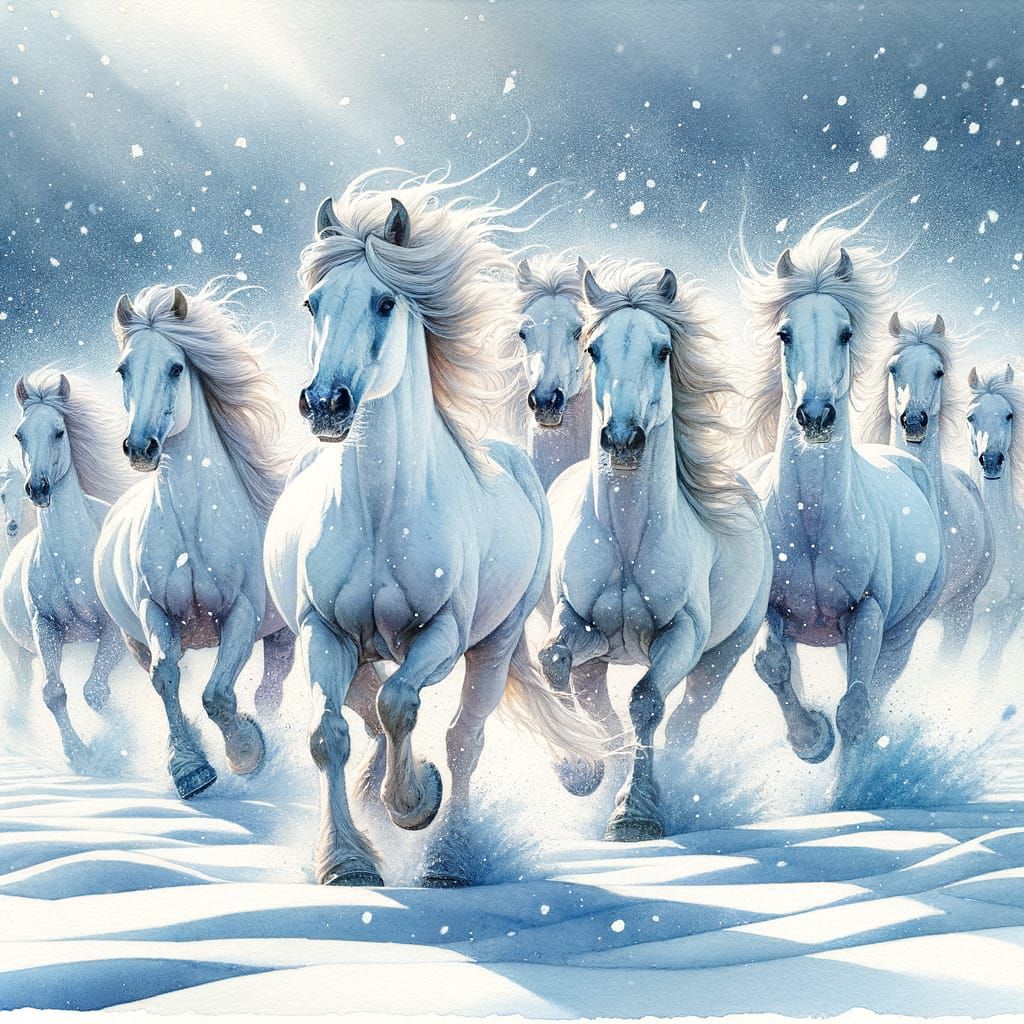 Powerful White Horses Galloping in Winter Wonderland Waterco...