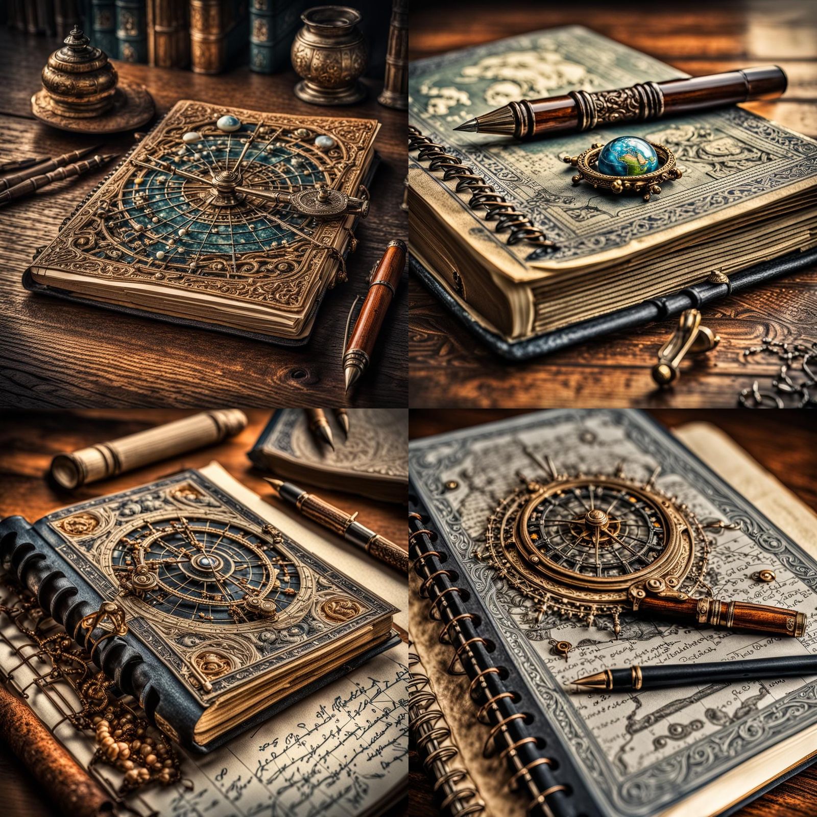 Pen Writes in Notebook Amidst Ocean and Planets