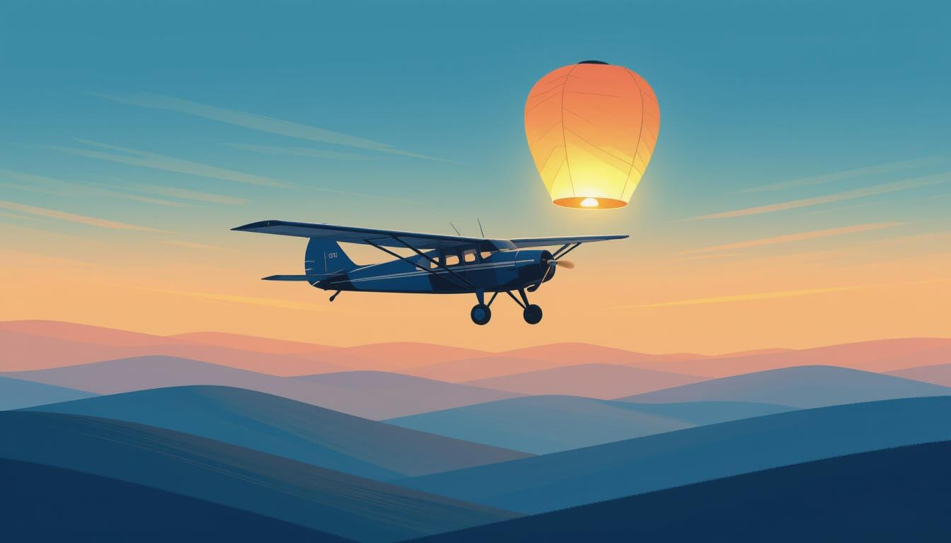 Vintage Airplane with Paper Lantern in Twilight Sky