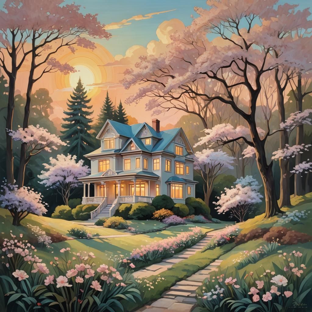 Art Deco House in Twilight Forest, Oil Painting