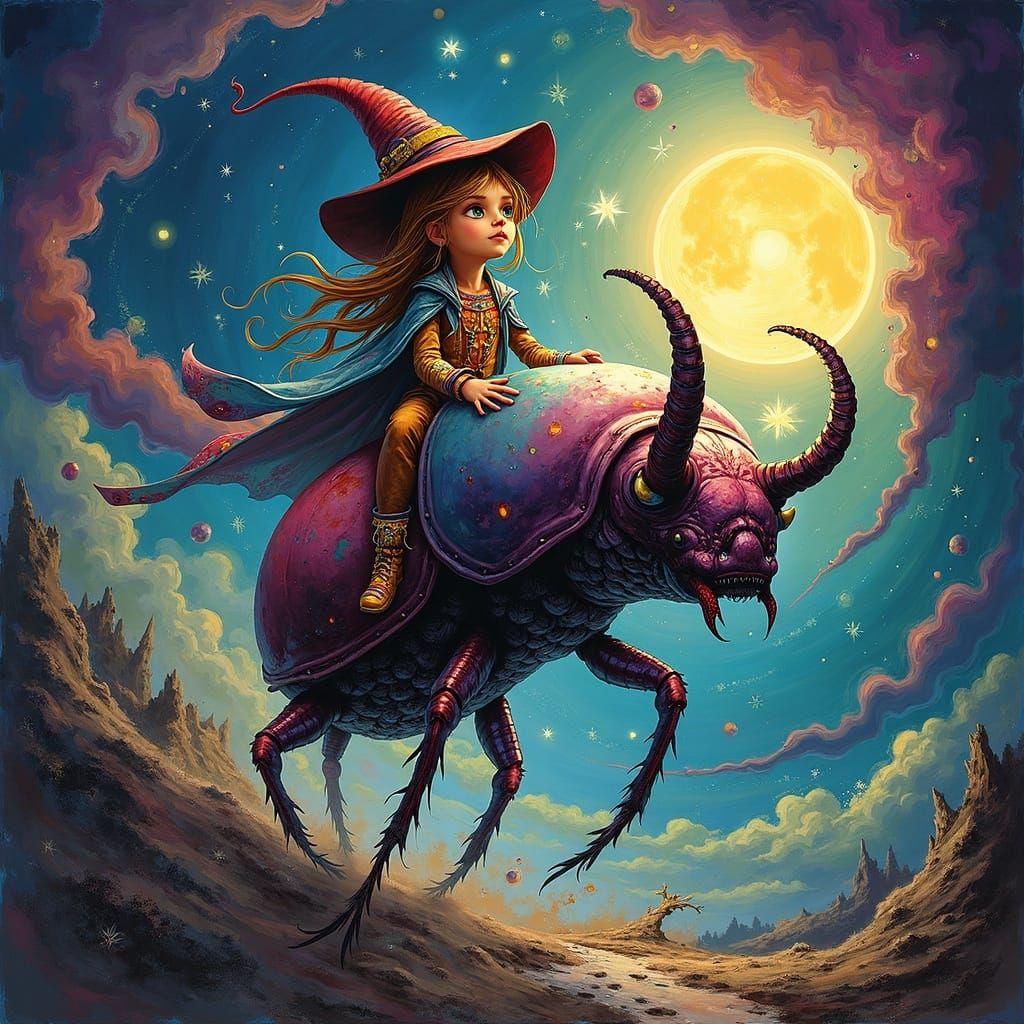Witch Rides Iridescent Beetle Through Stardust Vortex