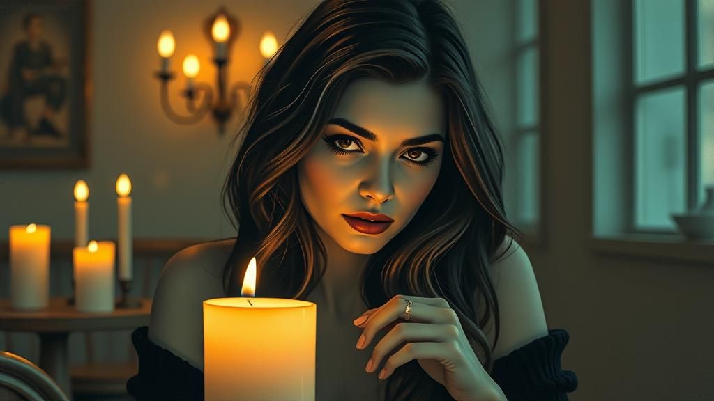 Mysterious Woman in Cafe: Woodcut Style