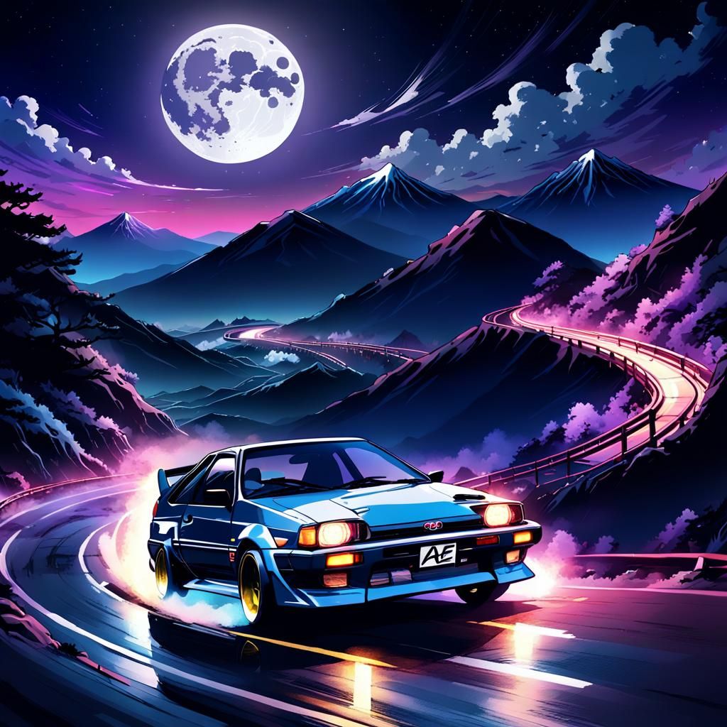Toyota AE86 Speeds Down Moonlit Mountain Road in Dynamic Ani...