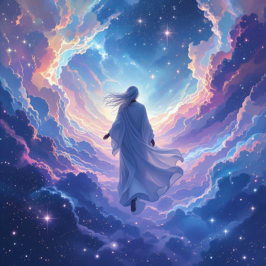 Ethereal Figure Floating in Starry Void: Digital Art