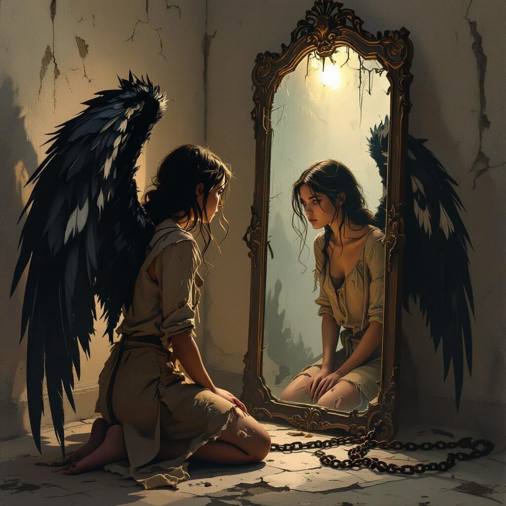 Woman with Iron Wings Reflected in Mirror