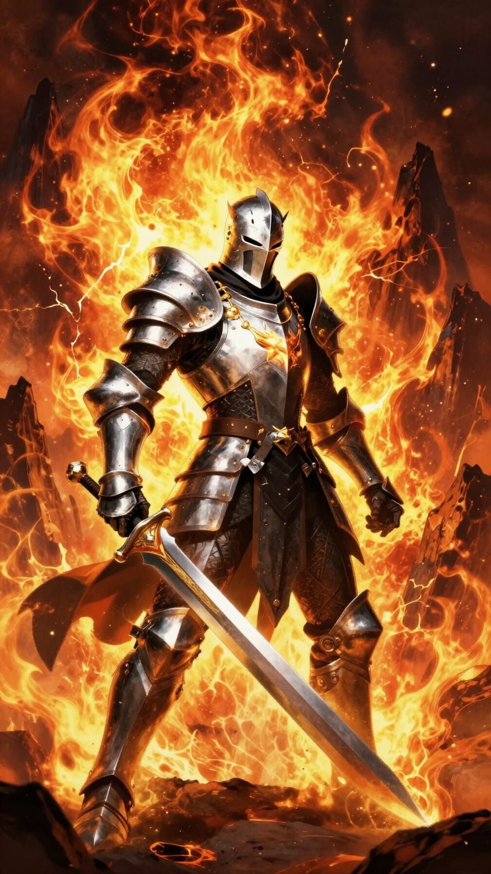 Magma Knight with Giant Sword in Fiery Landscape