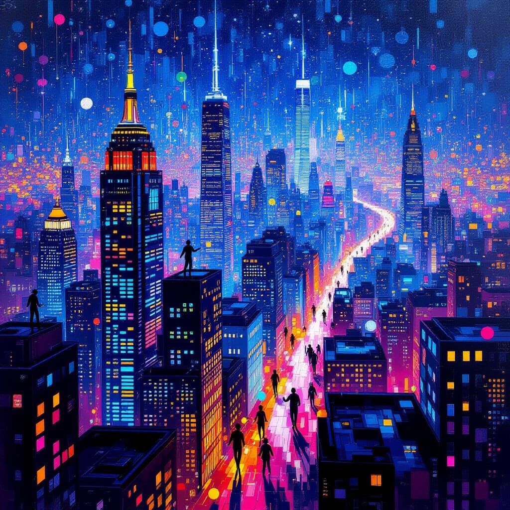 Abstract Techno Cityscape of Light and Sound Waves