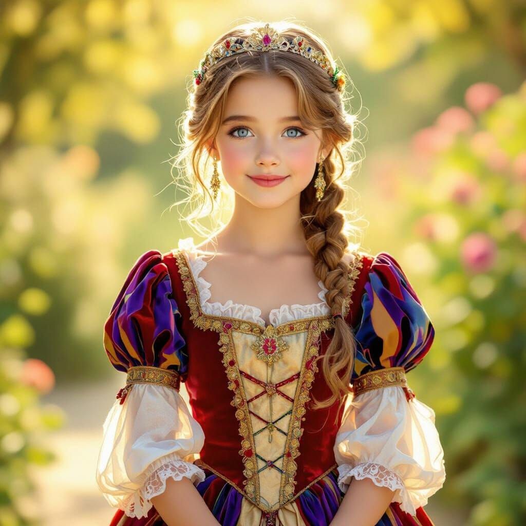 Fair Princess in Vibrant Royal Outfit in Golden Hour Garden